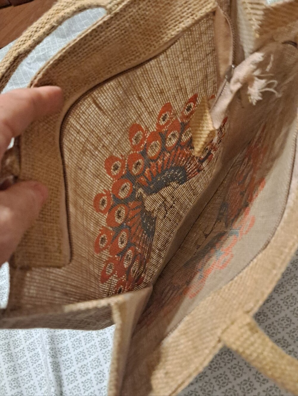 Peacock Jute Tote Bag in Natural with Orange & Blue Print - Picture 5 of 6